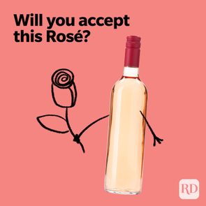 Bottle holds a drawn rose, suggesting a gift, against a pink background. Text reads: 