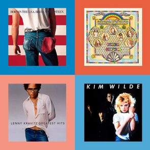 Four album covers displayed in a grid: Bruce Springsteen, Lynyrd Skynyrd, Lenny Kravitz, Kim Wilde; various colorful designs and portraits.