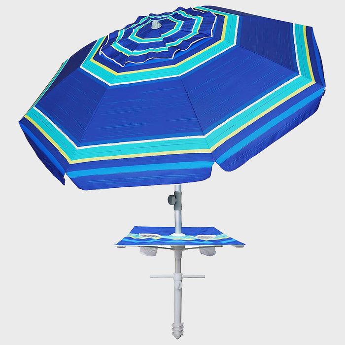 Umbrella shades with blue stripes, attached to a white pole with adjustable clamp and screw base, against a plain background.