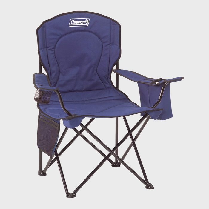 Blue folding chair stands alone, featuring mesh pocket and insulated cup holder, in plain white background. Label 