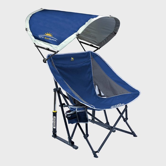 Folding chair, featuring a blue canopy labeled 