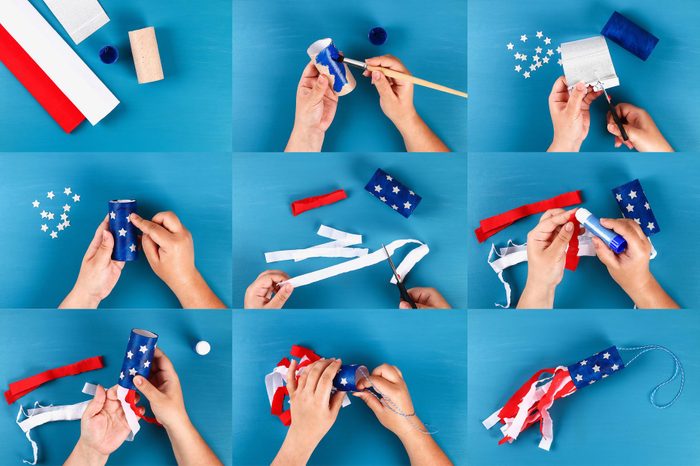 Diy windsocks 4th of July toilet sleeve crepe paper colors American flag, red, blue, white. collage