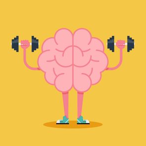 Brain lifts dumbbells, wearing sneakers, against a yellow background.