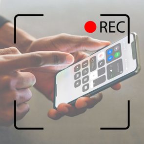 Smartphone in hand, being tapped, displaying control center icons; recording interface overlay with text 