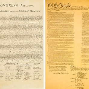 Two historical documents display ornate cursive handwriting. The left is the Declaration of Independence, and the right is the U.S. Constitution.