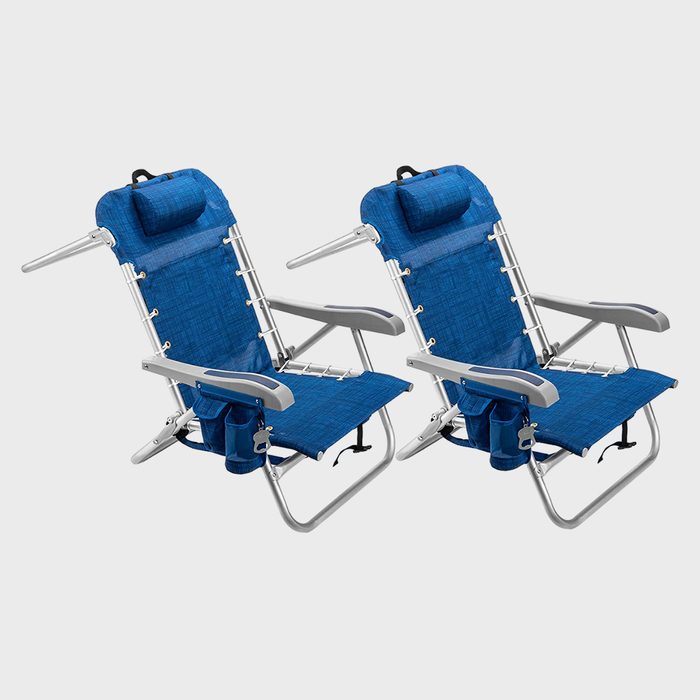 Two blue reclining beach chairs with adjustable armrests are positioned side by side against a plain white background.