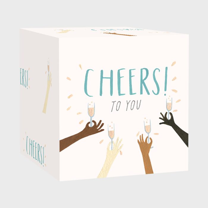 Four hands raise glasses with champagne. Text reads 