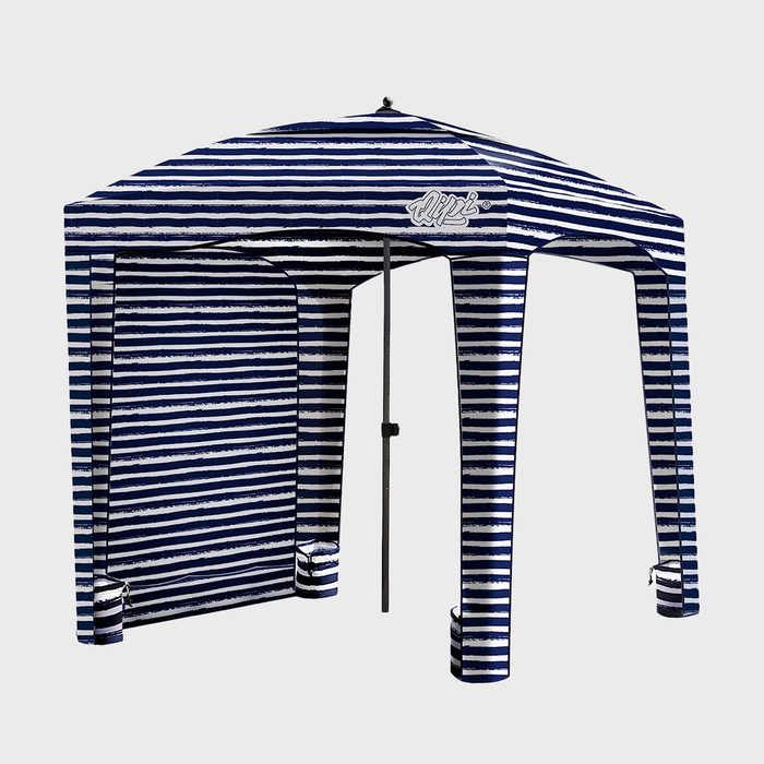Striped canopy stands; features vertical pole, set in minimal space. 