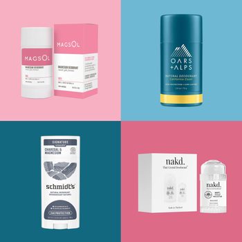 Four deodorant products are displayed, each in separate quadrants with colorful backgrounds. Brands include MagSol, Oars + Alps, Schmidt's, and nakd.