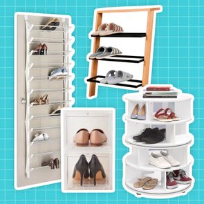 Various shoe racks hold footwear in different stylesâ€”vertical, ladder, clear box, and rotating shelfâ€”against a blue grid background.