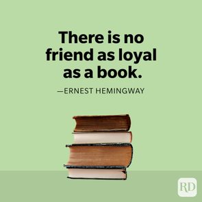 A stack of books rests on a green background with the quote 