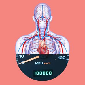 Digital human body illustration shows highlighted circulatory system, overlaid with a speedometer reading 
