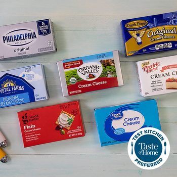 Various cream cheese packages are displayed on a light wooden surface, showcasing different brands. A "Taste of Home Test Kitchen Preferred" badge is visible.