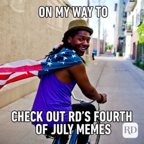 Person rides bike with a flag draped over shoulders, smiling in an alley. Text: 