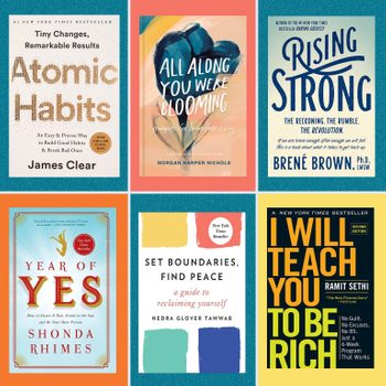 Six book covers displayed in a grid, each with distinct designs and titles like "Atomic Habits" and "I Will Teach You to Be Rich."