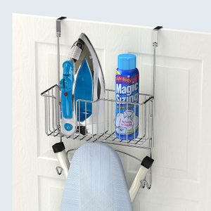 Rack holds iron and spray, hangs over a door; hooks below support a folded ironing board.