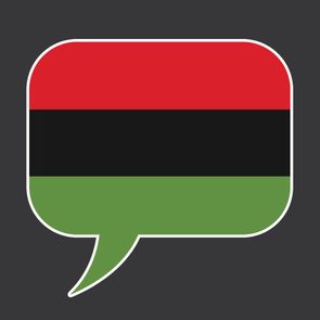 A speech bubble displays horizontal stripes of red, black, and green, against a dark gray background.