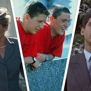 A three-panel image shows a woman in a suit, two men leaning on a railing in red shirts, and a man in a suit outdoors.