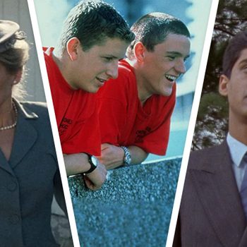A three-panel image shows a woman in a suit, two men leaning on a railing in red shirts, and a man in a suit outdoors.