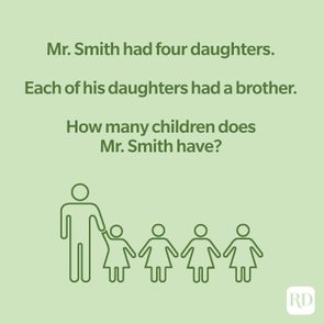 Text poses a riddle about Mr. Smith's children. Illustration depicts a parent holding hands with four daughters, suggesting a question on total children.