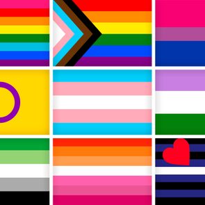 Nine pride flags arranged in a grid, featuring various color patterns, representing different LGBTQ+ communities and identities.