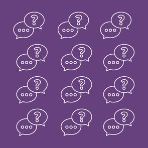 Speech bubbles display question marks and ellipses, arranged in a grid on a purple background.
