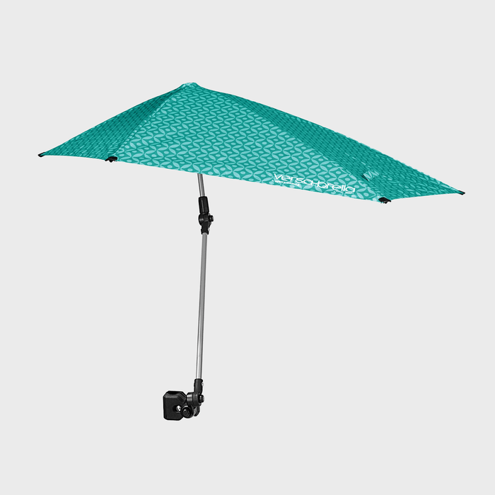 Umbrella extends horizontally, turquoise patterned fabric, mounted on a metal pole with adjustable clamp; logo 