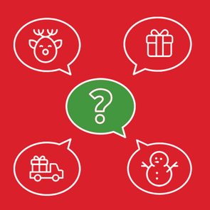 A green speech bubble with a question mark is surrounded by holiday-themed red speech bubbles: reindeer, present, truck, and snowman.