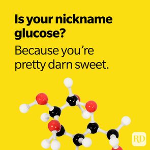 Glucose model sits against yellow background with text: 