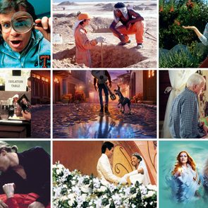 Various movie scenes display characters engaged in diverse activitiesâ€”examining items closely, interacting outdoors, and conversing indoorsâ€”across dynamic settings and different time periods.