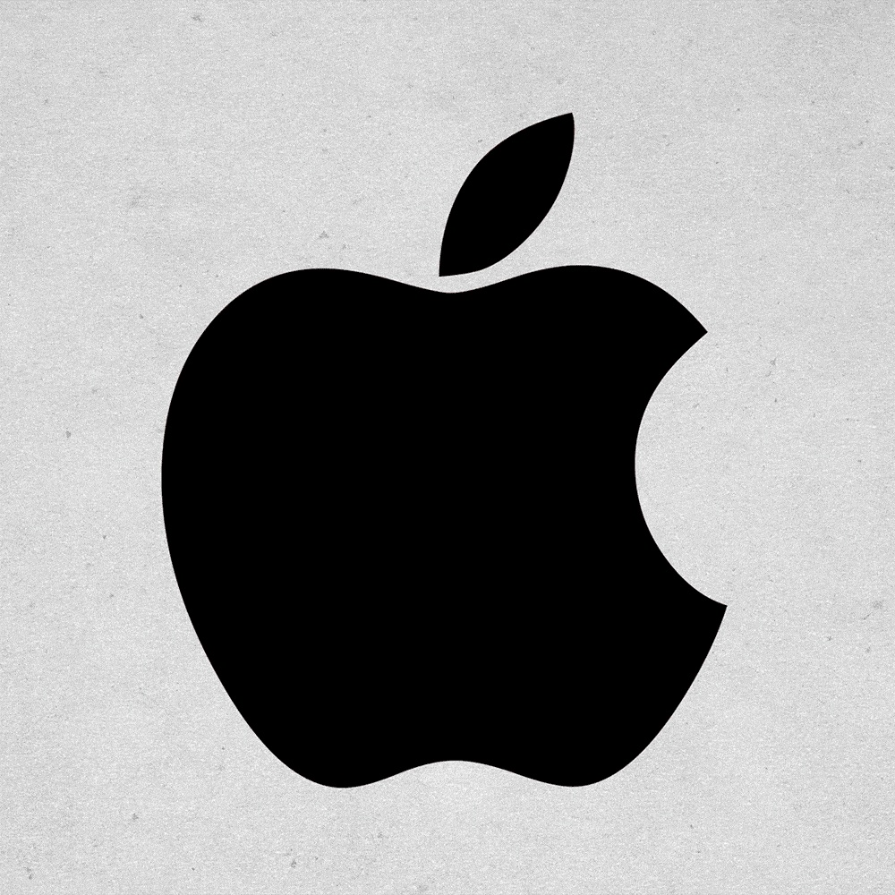 A black apple silhouette with a bite taken, placed on a simple gray background.