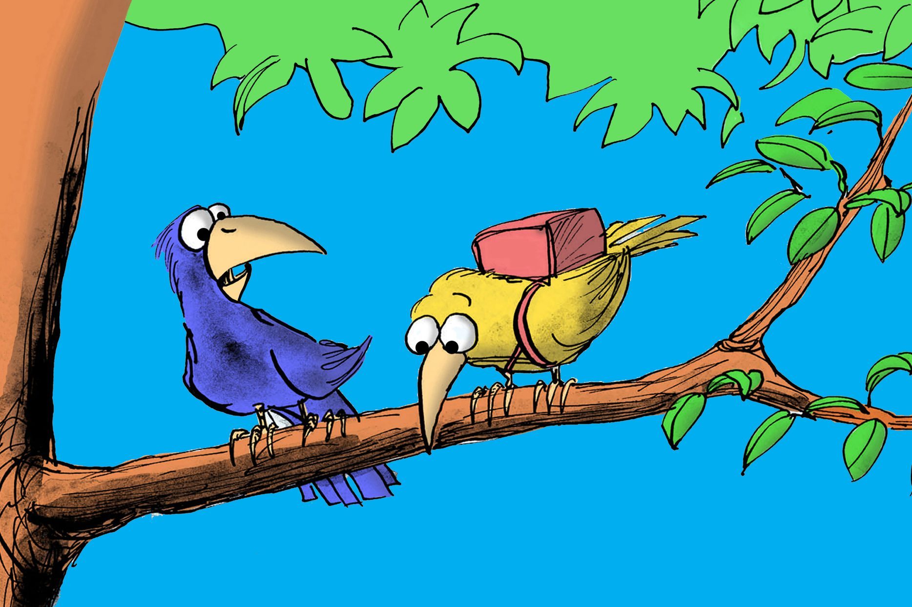 Two cartoon birds perched on a tree branch; one yellow with a backpack, the other blue, against a bright blue sky and green leaves.