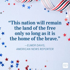 Quote text framed by red, white, and blue stars and ribbons on a light background, conveying a patriotic theme.