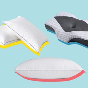 Various pillows are displayed floating against a light blue background, including rectangular and contoured designs with colorful shadow effects.
