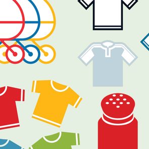 Strollers, shirts, and shakers are depicted in vibrant colors against a light green background, creating a playful, abstract design.