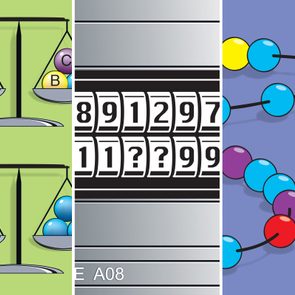 Scales balance colored balls; numbers on dials partly missing; colored beads on wires with â€œ6â€ marked, set against colored backgrounds.