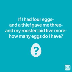 Text poses a riddle about eggs, involving a thief and a rooster, against a turquoise background with a question mark on an egg.