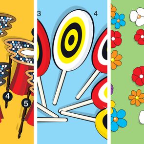 Colorful masks, lollipops, and flowers; masks have red curtains on yellow, lollipops on blue, and flowers on green backgrounds. Numbers: 3, 4, 5, 6.