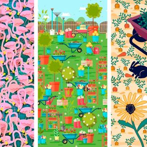 Flamingos standing densely, gardening tools scattered in a vibrant garden, and a rabbit among carrots near sunflowers against a picket fence.