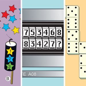 Colored stars hover above numbered firecrackers, a counting lock displays digits, and dominoes form a cross shape on a light brown background.