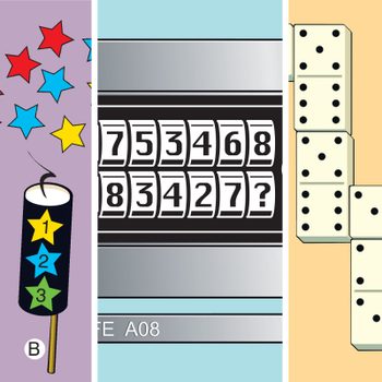 Colored stars hover above numbered firecrackers, a counting lock displays digits, and dominoes form a cross shape on a light brown background.