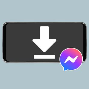Smartphone displays white download arrow; Messenger logo is in the bottom corner. Background is a plain light blue color.