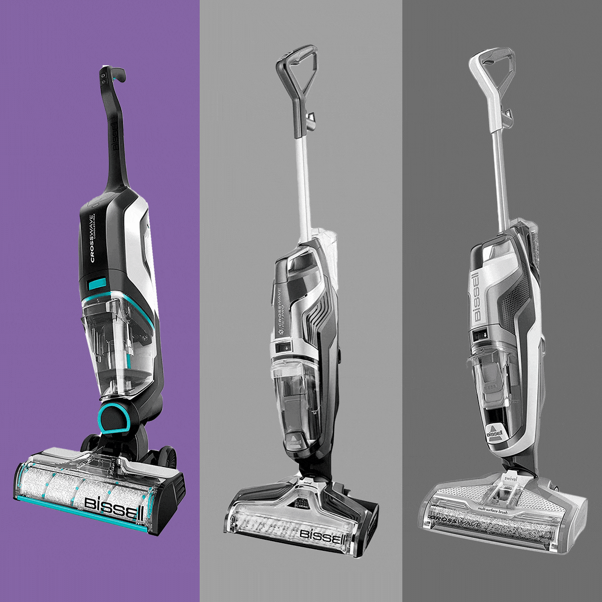 Vacuum cleaners stand upright; two are grayscale, one is colorful, on distinct backgrounds. The brand 