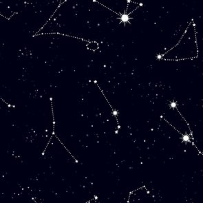 Stars form constellations, twinkling against a dark sky, creating patterns with bright starbursts and scattered dots resembling a night sky filled with cosmic designs.