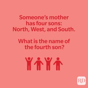 Text poses a riddle about four sons: North, West, South. Asks for the name of the fourth son. Four red figures depicted.