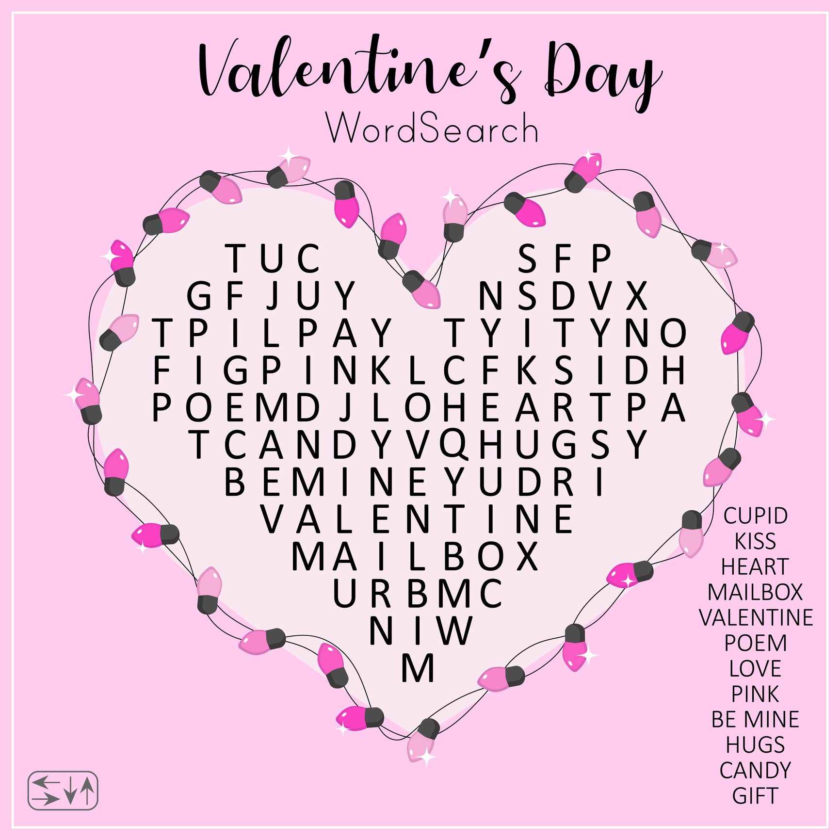 Valentine's Day Word Search Puzzle With Heart. 