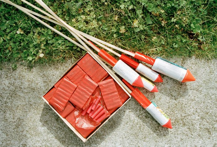 Bottle rockets and fireworks on ground