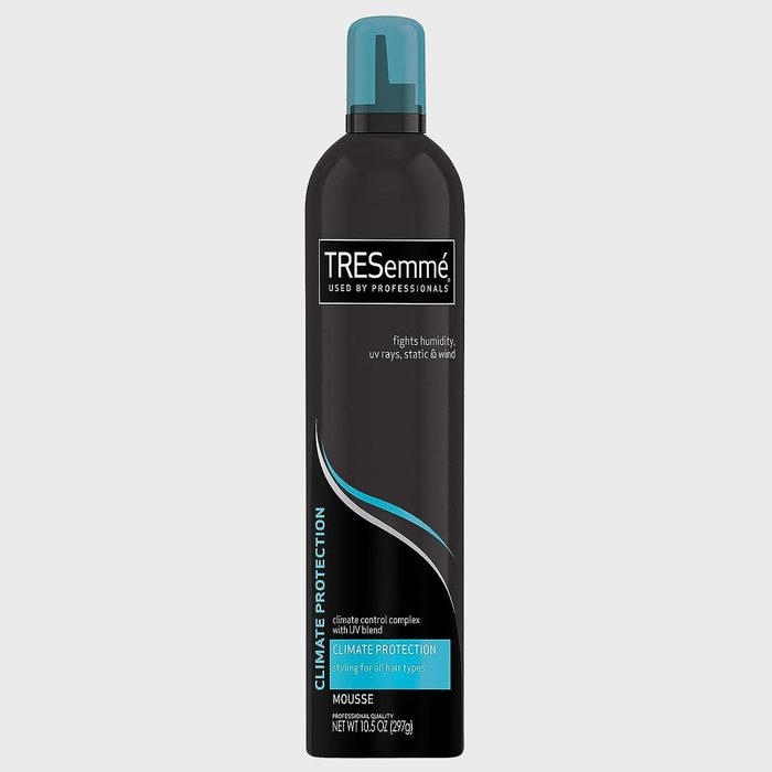Black TresemmÃ© mousse can features teal cap and label; text highlights it as climate protection for all hair types.