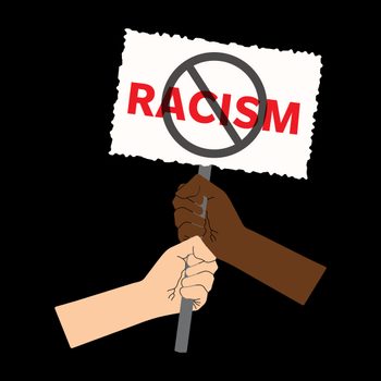 Two hands hold a sign saying "RACISM" crossed out, emphasizing unity and anti-racism on a black background.