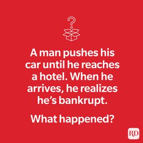 Text reveals a man pushing his car to a hotel, discovering bankruptcy upon arrival. Asks, 